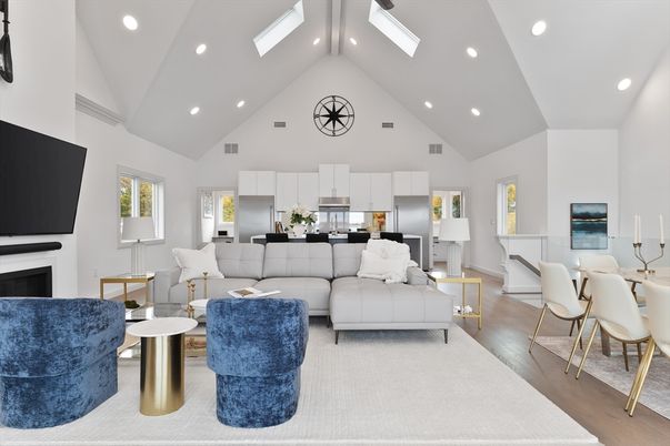 Dining room, Fireplace, Interior, Kitchen, Living room, Recessed Lighting, Stainless Steel Appliances, Wood Texture Flooring