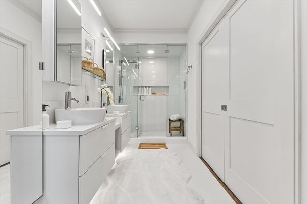 Bathroom, Dual Sink Vanities, Glass Shower, Interior, Marble, Recessed Lighting