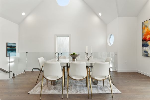 Dining room, Interior, Recessed Lighting, Wood Texture Flooring