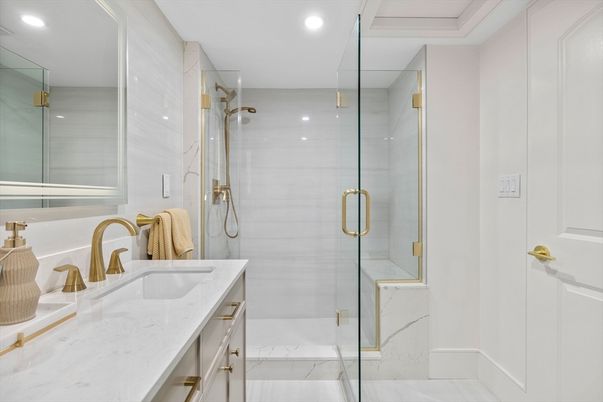 Bathroom, Glass Shower, Interior, Marble, Marble Walls, Recessed Lighting