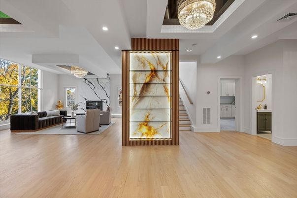 Chandelier, Fireplace, Interior, Living room, Recessed Lighting, Wood Texture Flooring