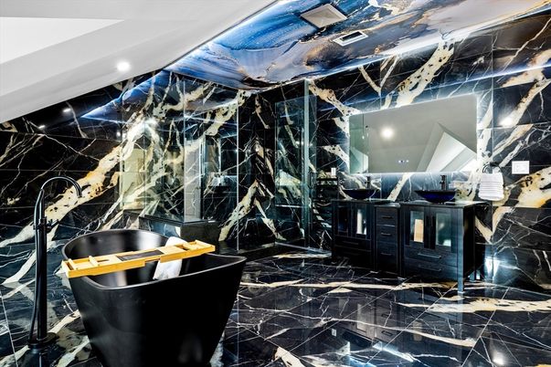 Bathroom, Interior, Marble, Marble Walls, Recessed Lighting