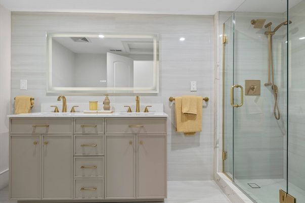 Bathroom, Dual Sink Vanities, Glass Shower, Interior, Recessed Lighting
