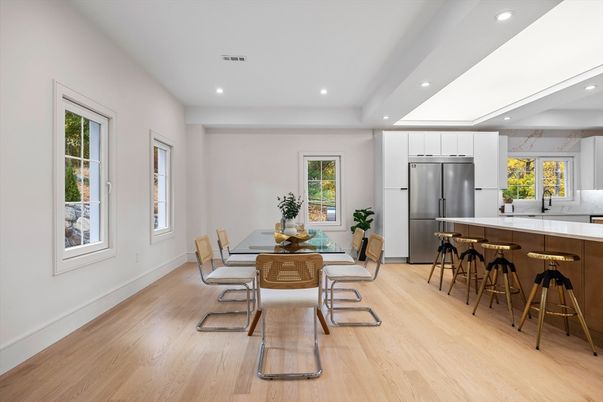 Dining room, Interior, Kitchen, Recessed Lighting, Stainless Steel Appliances, Wood Texture Flooring