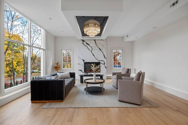 Chandelier, Fireplace, Interior, Living room, Recessed Lighting, Wood Texture Flooring
