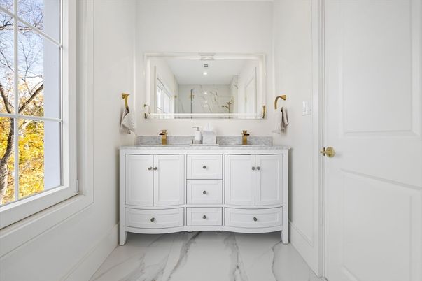 Bathroom, Dual Sink Vanities, Interior, Marble, Recessed Lighting