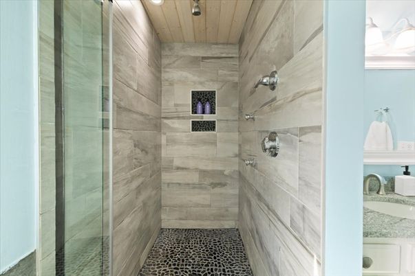 Bathroom, Glass Shower, Interior, Recessed Lighting, Wooden Ceilings