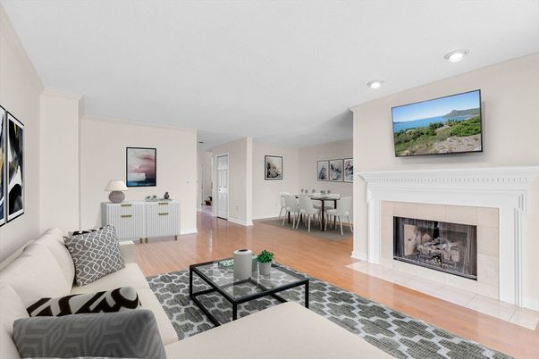 Dining room, Fireplace, Interior, Living room, Recessed Lighting, Wood Texture Flooring