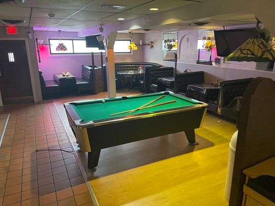 Billiard Table, Game Room, Interior, Pendant Lights, Recessed Lighting, Wood Texture Flooring