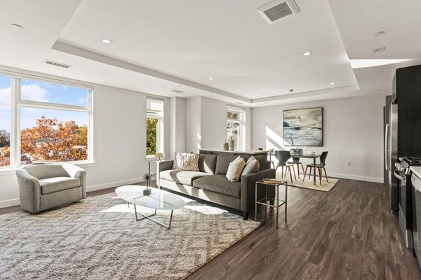 Dining room, Interior, Living room, Recessed Lighting, Wood Texture Flooring