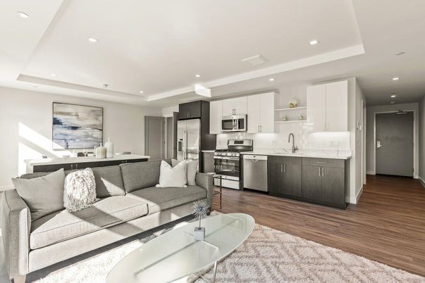 Interior, Kitchen, Living room, Recessed Lighting, Stainless Steel Appliances, Wood Texture Flooring