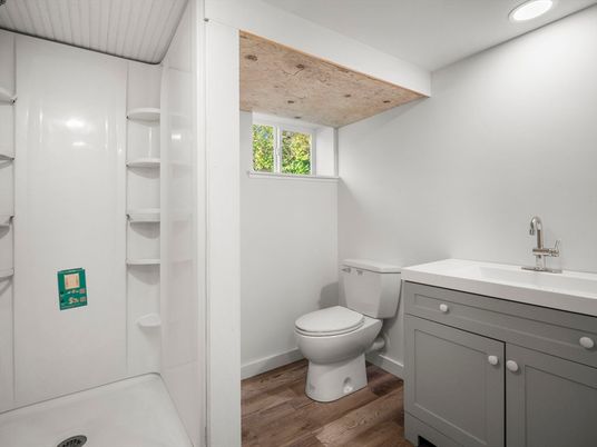 Bathroom, Interior, Recessed Lighting, Wood Texture Flooring