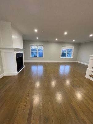 Empty room, Fireplace, Interior, Recessed Lighting, Wood Texture Flooring