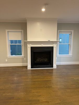 Empty room, Fireplace, Interior, Recessed Lighting, Wood Texture Flooring