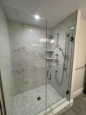Bathroom, Glass Shower, Interior, Marble Walls, Recessed Lighting
