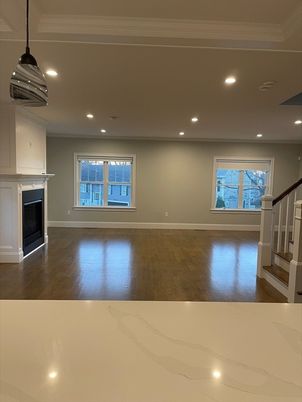 Empty room, Fireplace, Interior, Pendant Lights, Recessed Lighting, Wood Texture Flooring