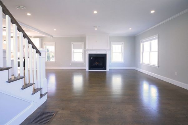 Empty room, Fireplace, Interior, Recessed Lighting, Wood Texture Flooring