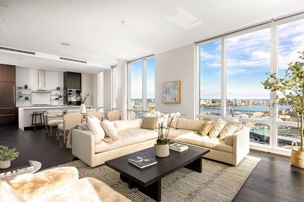 Dining room, Interior, Kitchen, Living room, Recessed Lighting, Stainless Steel Appliances, Water, Wood Texture Flooring