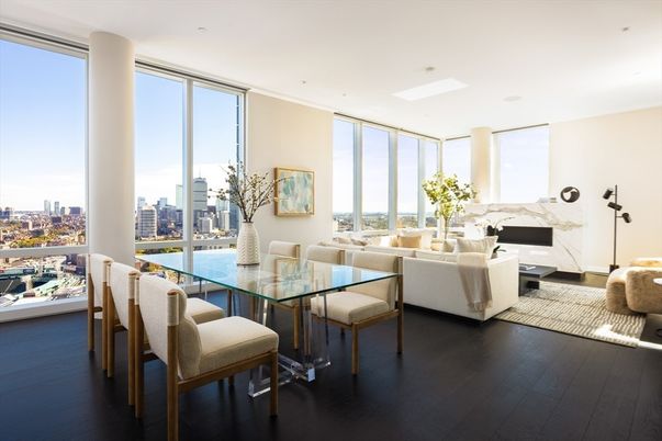 Dining room, Fireplace, Interior, Living room, Recessed Lighting, Water, Wood Texture Flooring
