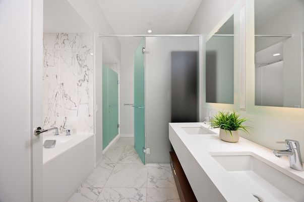 Bathroom, Dual Sink Vanities, Interior, Marble, Marble Walls, Recessed Lighting