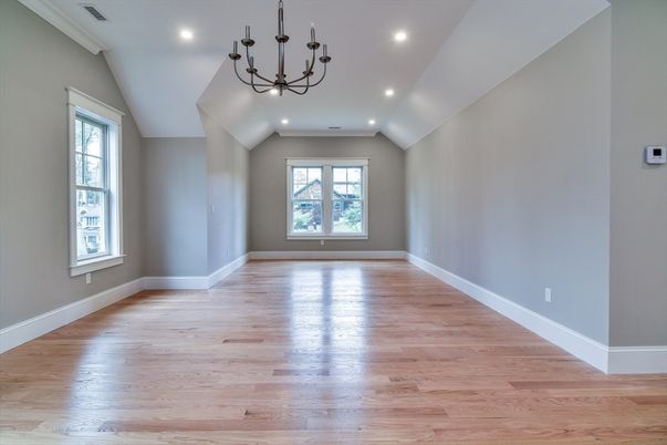 Chandelier, Empty room, Interior, Recessed Lighting, Wood Texture Flooring