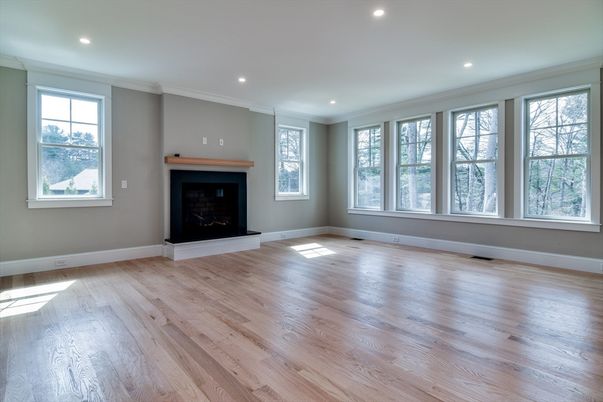 Empty room, Fireplace, Interior, Recessed Lighting, Wood Texture Flooring