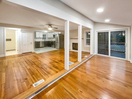 Empty room, Interior, Kitchen, Recessed Lighting, Wood Texture Flooring