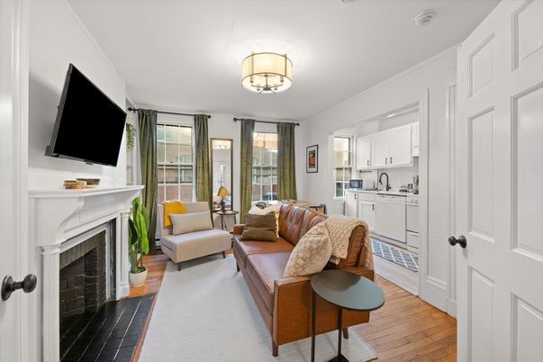Fireplace, Interior, Kitchen, Living room, Wood Texture Flooring