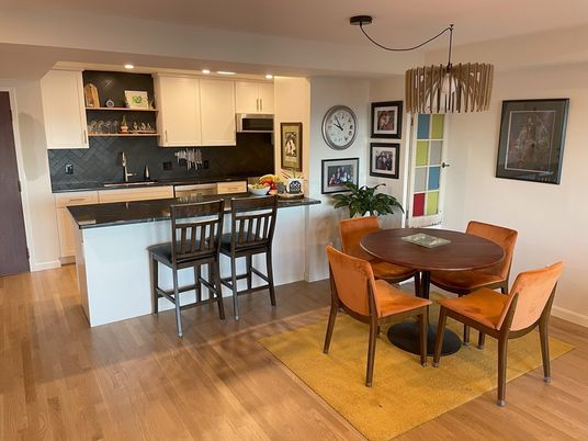 Dining room, Interior, Kitchen, Pendant Lights, Recessed Lighting, Wood Texture Flooring