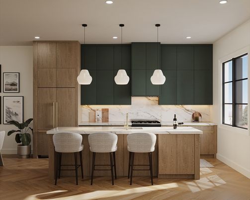 Interior, Kitchen, Marble Walls, Pendant Lights, Recessed Lighting, Wood Texture Flooring