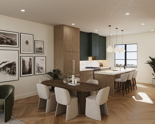 Dining room, Interior, Kitchen, Pendant Lights, Recessed Lighting, Wood Texture Flooring