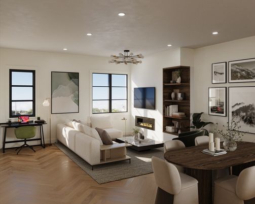 Dining room, Fireplace, Interior, Living room, Pendant Lights, Recessed Lighting, Wood Texture Flooring