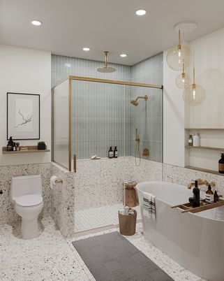 Bathroom, Free Standing Baths, Glass Shower, Interior, Pendant Lights, Recessed Lighting