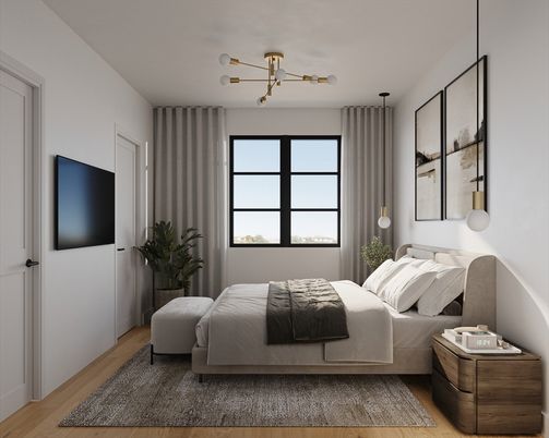 Bedroom, Interior, Pendant Lights, Wood Texture Flooring