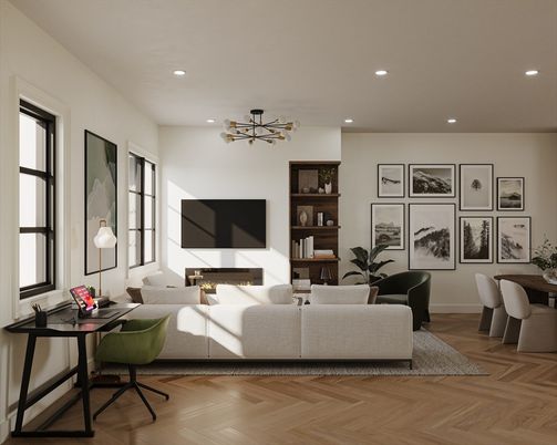 Fireplace, Home Office, Interior, Living room, Pendant Lights, Recessed Lighting, Wood Texture Flooring