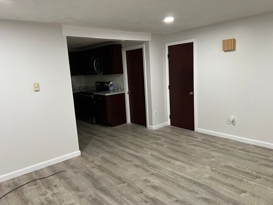Empty room, Interior, Kitchen, Recessed Lighting, Wood Texture Flooring
