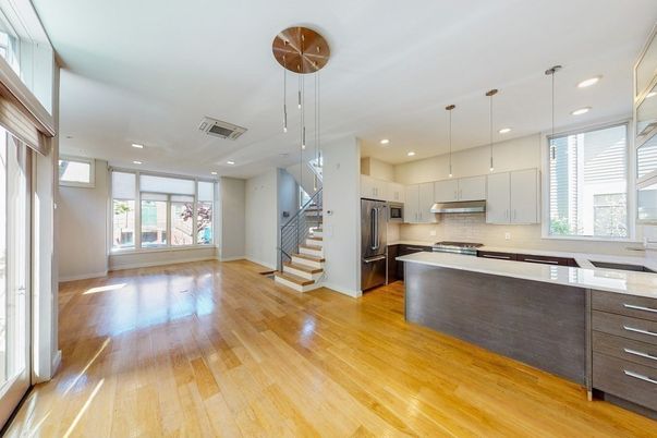 Interior, Kitchen, Pendant Lights, Recessed Lighting, Stainless Steel Appliances, Wood Texture Flooring