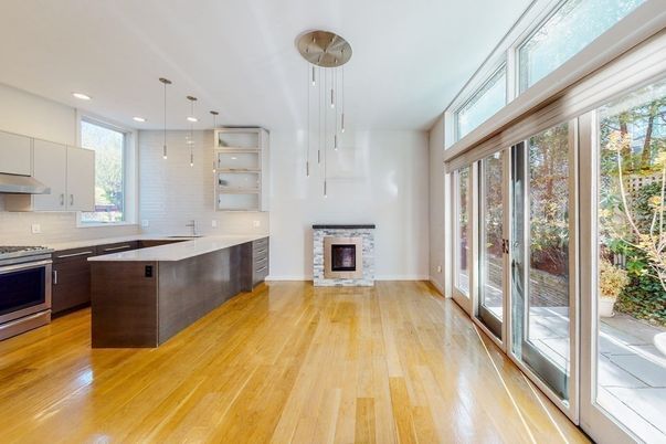 Fireplace, Interior, Kitchen, Pendant Lights, Recessed Lighting, Wood Texture Flooring