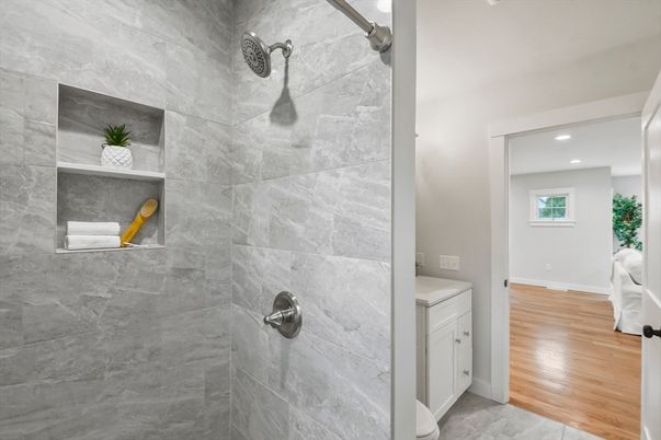 Bathroom, Interior, Recessed Lighting, Wood Texture Flooring