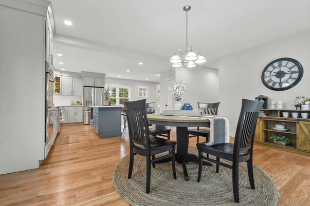 Chandelier, Dining room, Interior, Kitchen, Pendant Lights, Recessed Lighting, Wood Texture Flooring