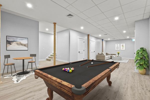 Billiard Table, Game Room, Interior, Recessed Lighting, Wood Texture Flooring