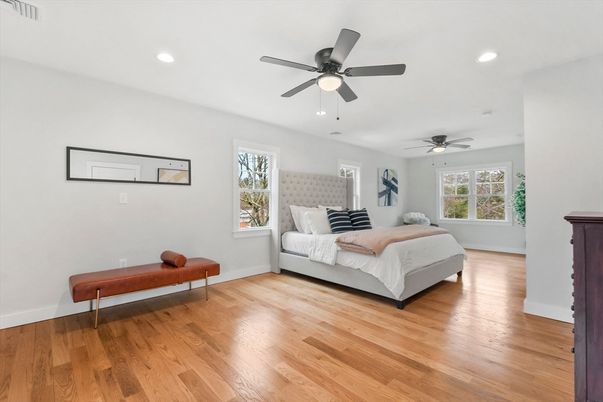Bedroom, Interior, Recessed Lighting, Wood Texture Flooring