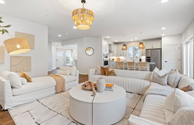 Interior, Kitchen, Living room, Pendant Lights, Recessed Lighting, Stainless Steel Appliances, Wood Texture Flooring