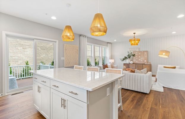 Chandelier, Dining room, Interior, Kitchen, Living room, Pendant Lights, Recessed Lighting, Wood Texture Flooring