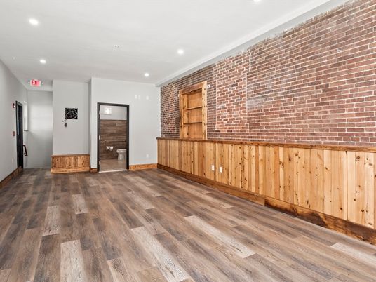 Empty room, Interior, Recessed Lighting, Stone Walls, Wood Texture Flooring