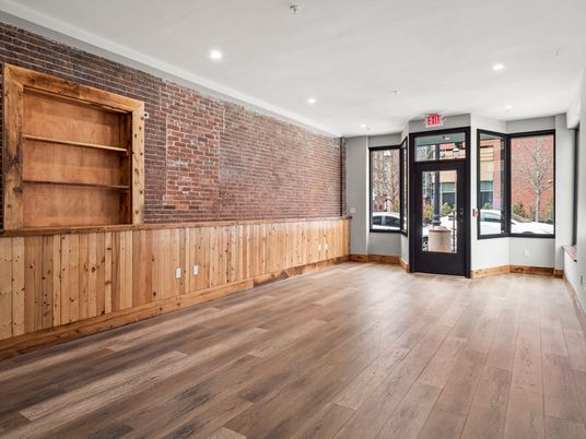 Empty room, Interior, Recessed Lighting, Stone Walls, Wood Texture Flooring
