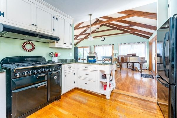 Interior, Kitchen, Pendant Lights, Wooden Beams, Wood Texture Flooring