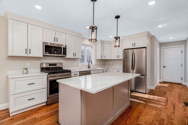 Interior, Kitchen, Pendant Lights, Recessed Lighting, Stainless Steel Appliances, Wood Texture Flooring