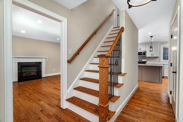 Empty room, Fireplace, Interior, Recessed Lighting, Wood Texture Flooring