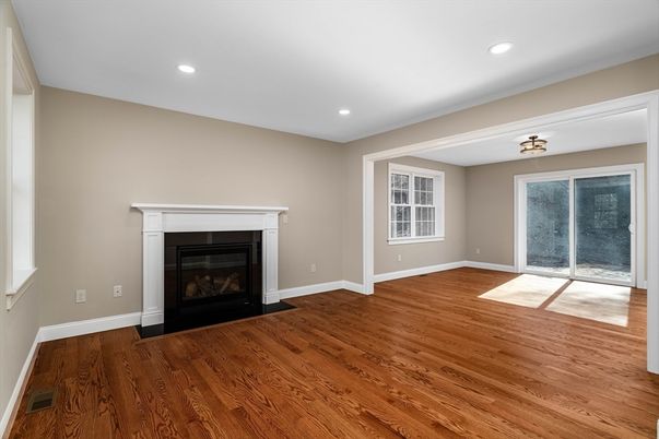 Empty room, Fireplace, Interior, Recessed Lighting, Wood Texture Flooring